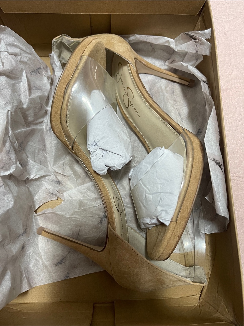 NWOT Jessica Simpson Nude Suede Clear-Strap Stiletto Pumps